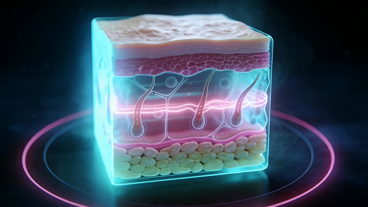 Ring activating, neon 3D cube rotating showing skin anatomy in dark ...