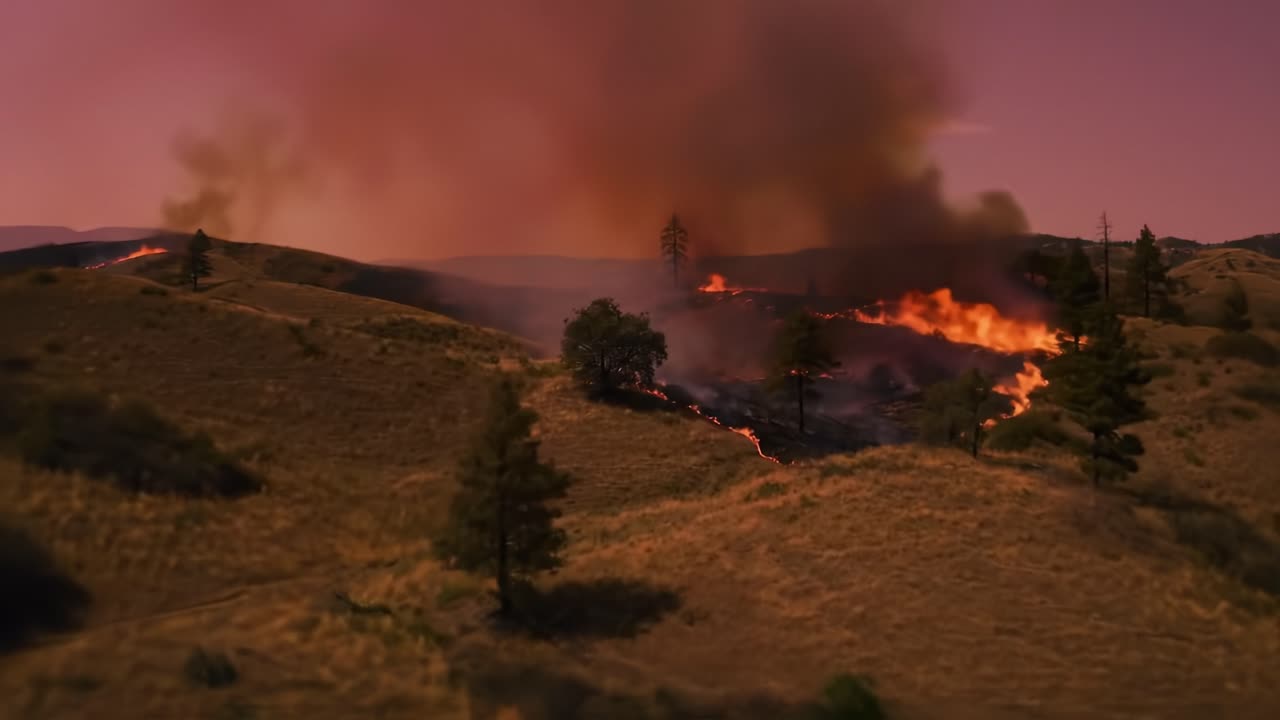 Dramatic Scene of Wildfire in a Dry Landscape with Billowing Smoke and Flames Consuming Vegetation Under a Fiery Sky at Dusk