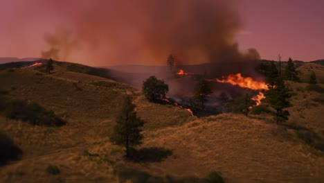 dramatic scene of wildfire in a dry landscape with billowing smoke and flames consuming vegetation under a fiery sky at dusk