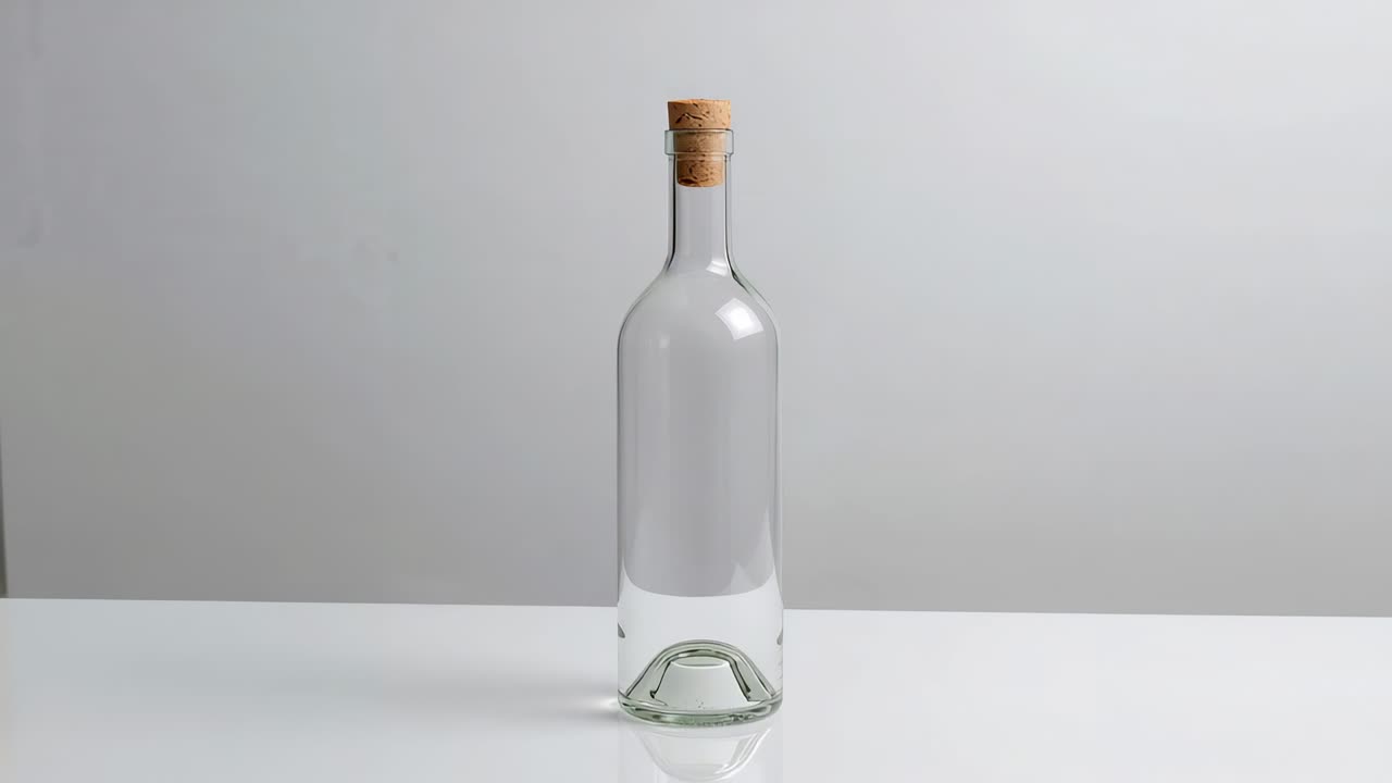 Videotaping glass bottle sealed with cork on white table in studio, showcasing minimal look