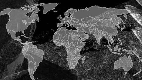 animation of grey world map over moving organic grey textures on black background