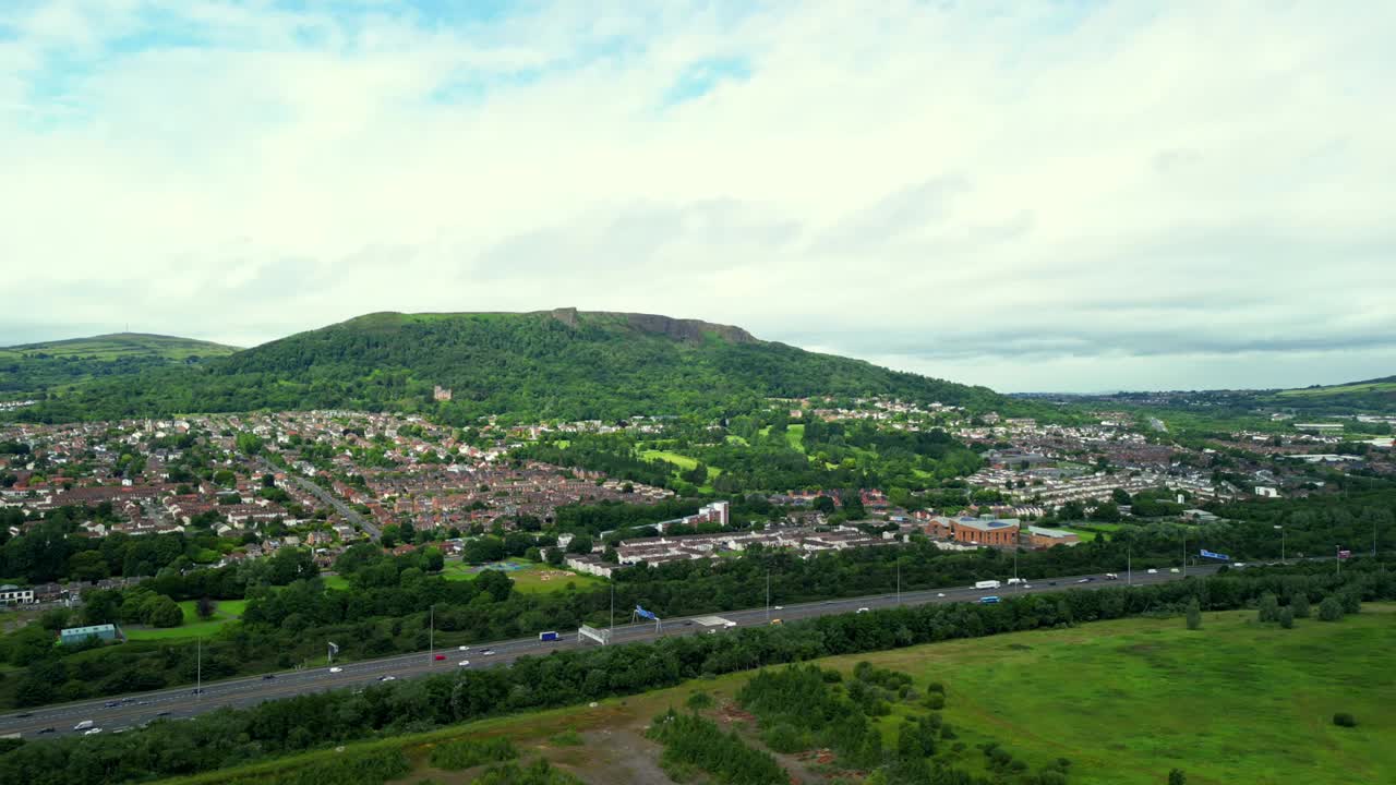 4K aerial of Cavehill and the M2 Motorway in Belfast, Northern Ireland. Filmed at 30FPS and with Rec709 color