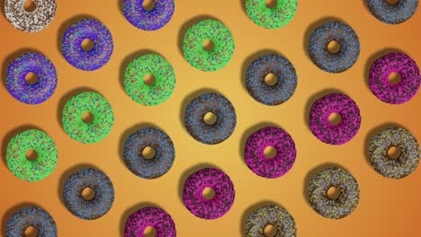 colorful glazed and sprinkled donuts appears and disappears on orange abstract background