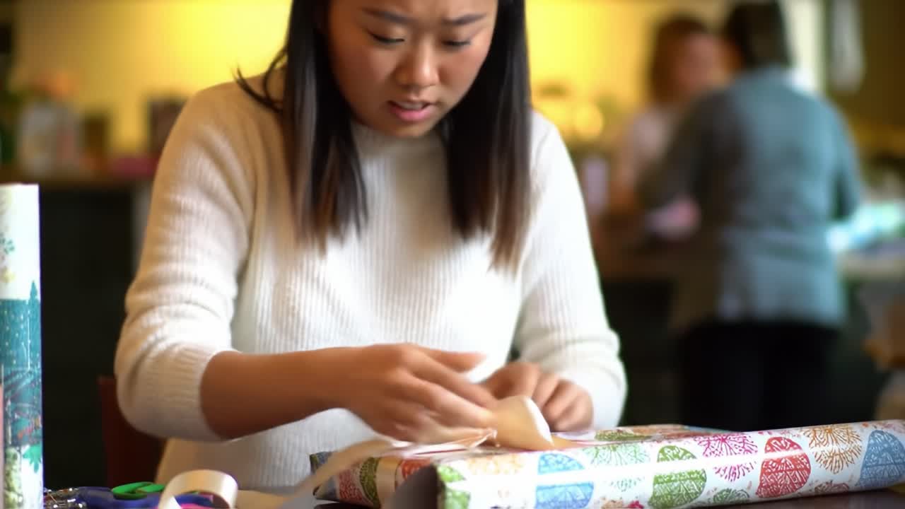 A woman skillfully wraps gifts among a warm and inviting atmosphere in a cafe. Holiday decorations and other guests create a cheerful environment as she focuses on her task.