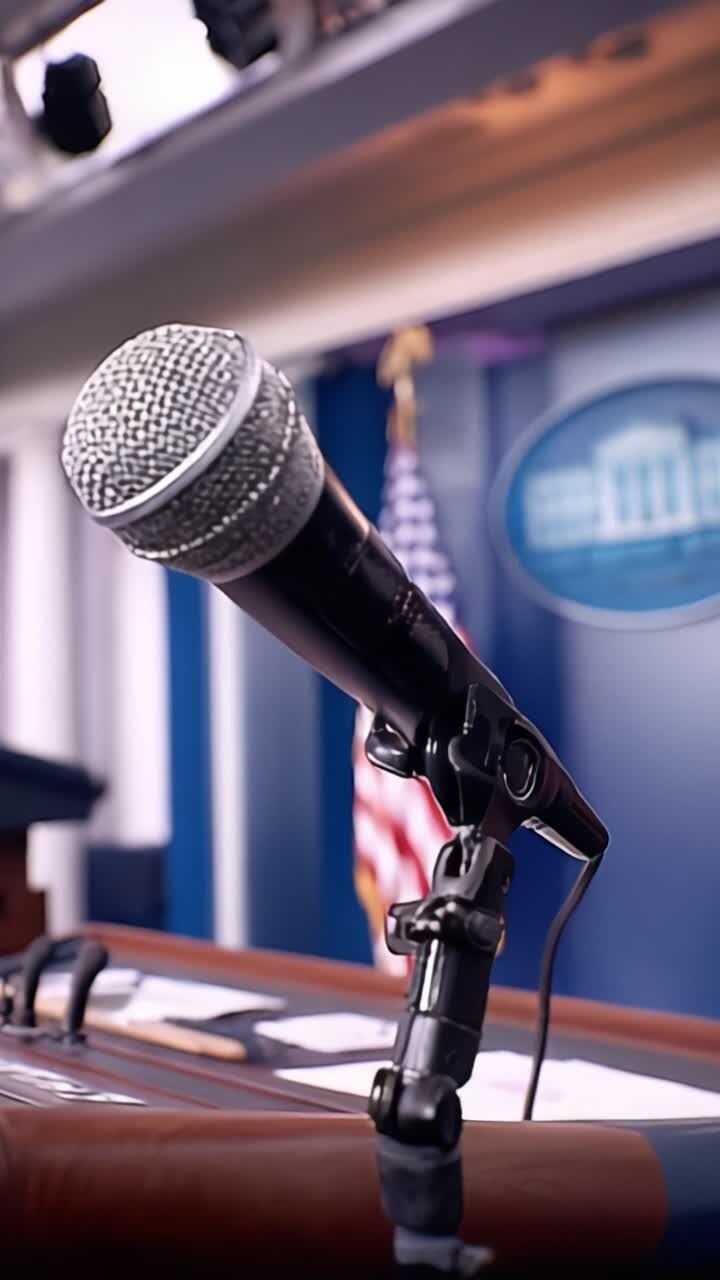 Un primo piano di un microfono in un contesto di conferenza stampa, che evidenzia il simbolo della comunicazione e della condivisione di informazioni in un ambiente formale