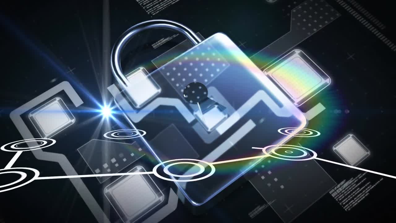 Animation of online security padlock with data processing in background