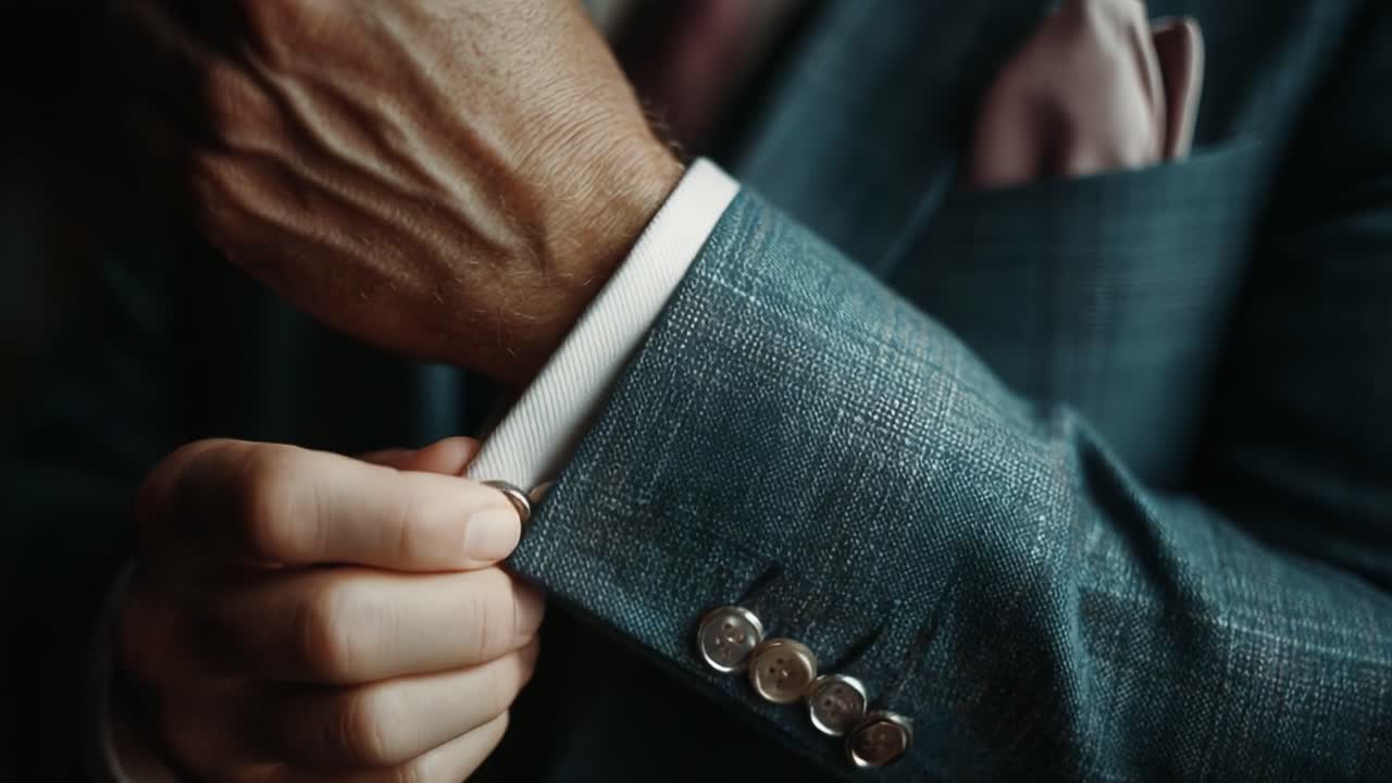 Elegant Grooming: A Close-Up Perspective on Fine Tailoring and Attention to Detail in Men's Fashion Featuring a Stylish Suit and Cufflinks