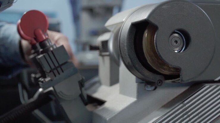 Hispanic man Security expert manipulating machinery specialized in key duplication