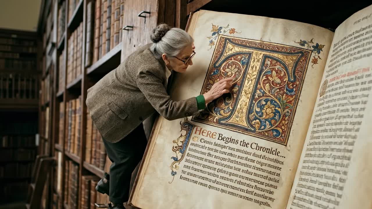 Donna anziana esamina un antico manoscritto miniato in una sontuosa biblioteca