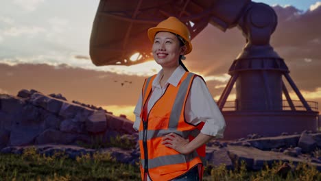 side view of asian female engineer wearing safety helmet looking around while standing with arms akimbo with large satellite dish