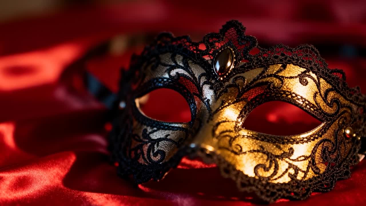 Telecamera che riprende una maschera decorata su raso rosso per mostrare placca frontale dorata, pizzo nero e gioiello