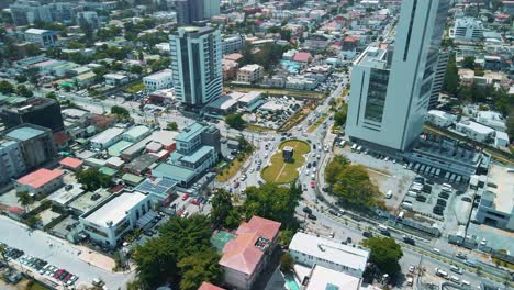 victoria island lagos, nigeria - 24 june 2021: drone view of major roads and traffic in victoria island lagos showing the cityscape, offices and residential buildings.