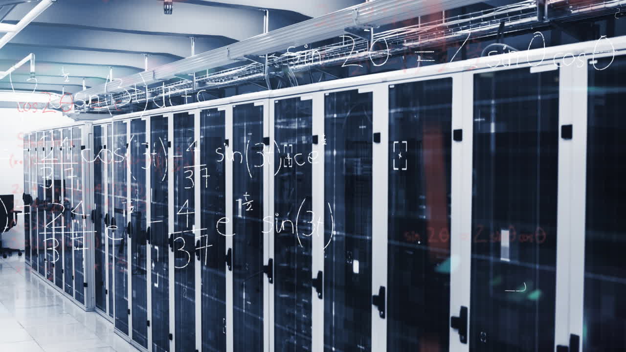 Mathematical equations against empty server room