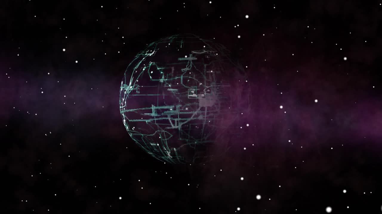 A cyber planet made of digital networks forms in outer space - purple nebula and stars