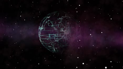 a cyber planet made of digital networks forms in outer space - purple nebula and stars