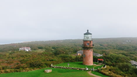 aerial drone approaching gay head lighthouse on martha's vineyard