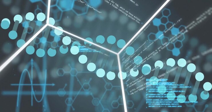 Animation of digital data processing over dna strand spinning