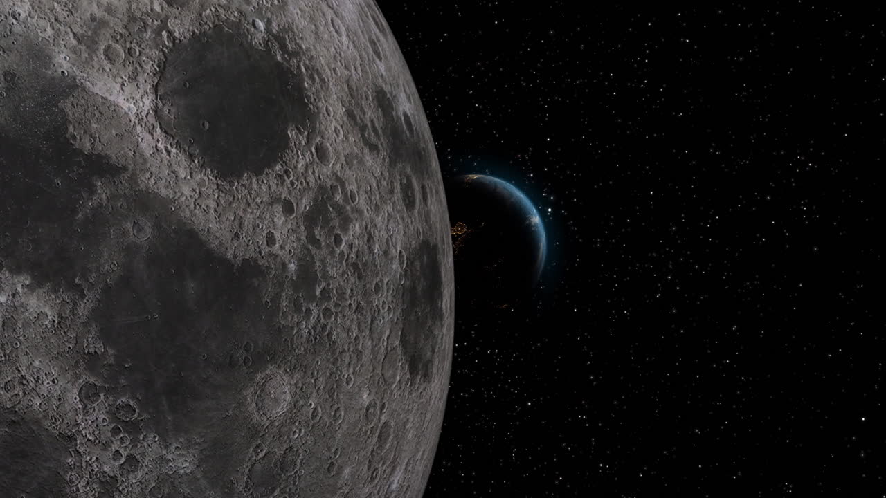 Earth Reveal from Behind Moon with City Night Lights Visible from Space with UK and Europe - 3D CGI Animation 4K