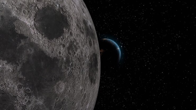 Earth Reveal from Behind Moon with City Night Lights Visible from Space with UK and Europe - 3D CGI Animation 4K