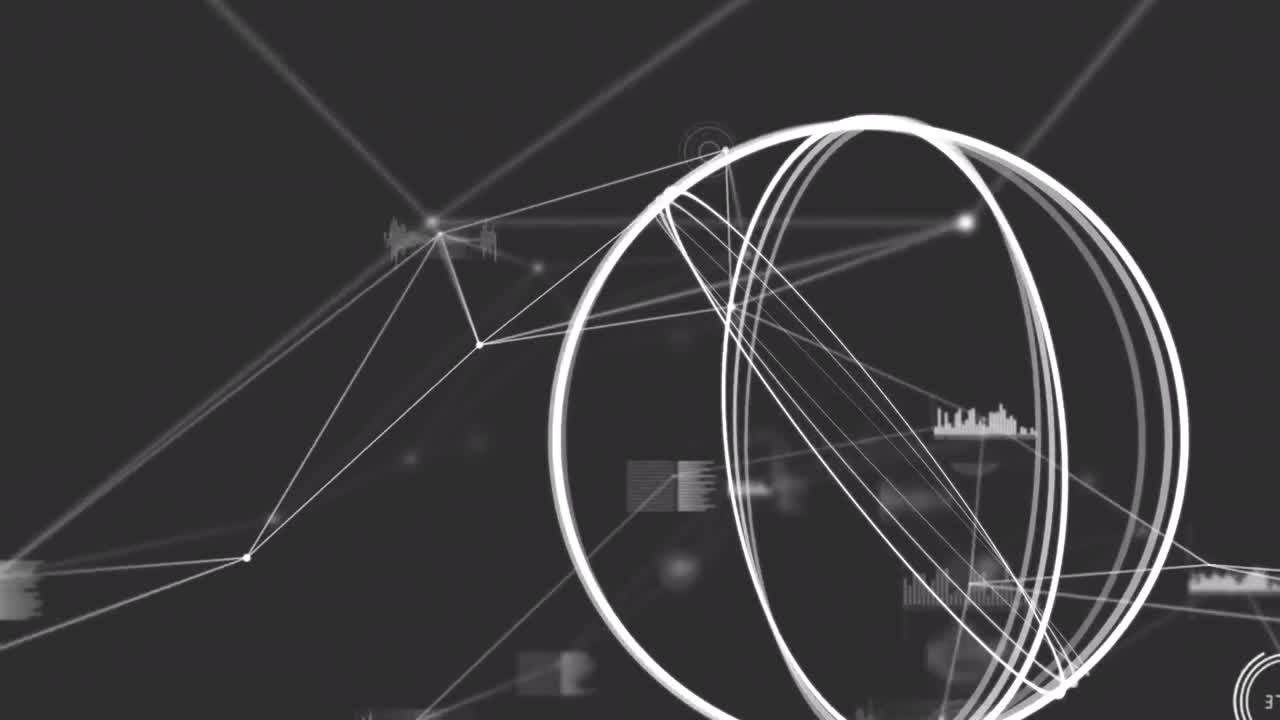 Animation of white circles over network of connections and data processing on black background