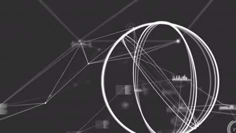 animación de círculos blancos sobre una red de conexiones y procesamiento de datos sobre fondo negro