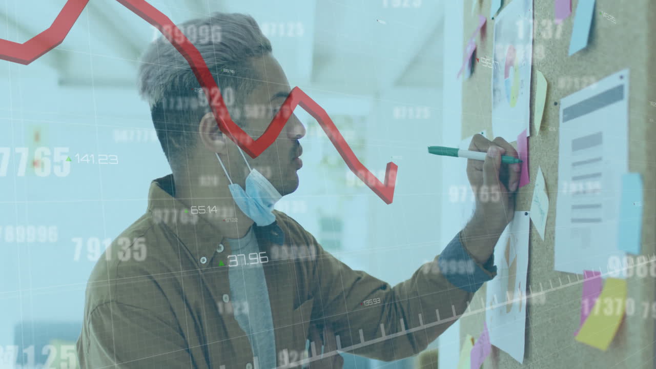animación de la caída del gráfico y el cambio de números sobre el hombre biracial escribiendo en una nota adhesiva en la oficina