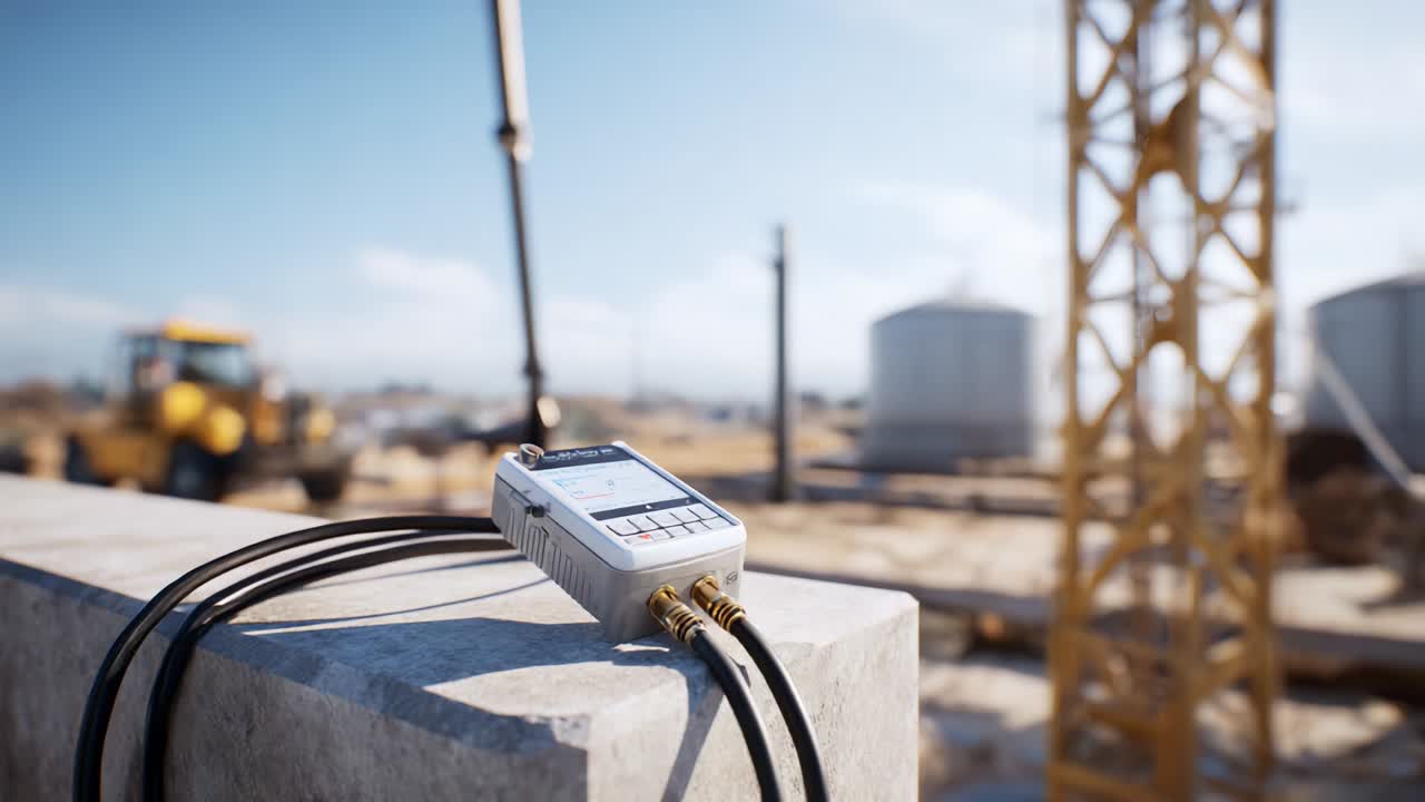 Precision Measurement Instrument Positioned on Concrete Block, Capturing Construction Activity in Background, Highlighting Advanced Technology Amidst Industrial Site Development