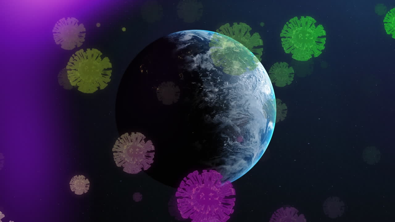 animación de células de covid 19 flotando en todo el mundo