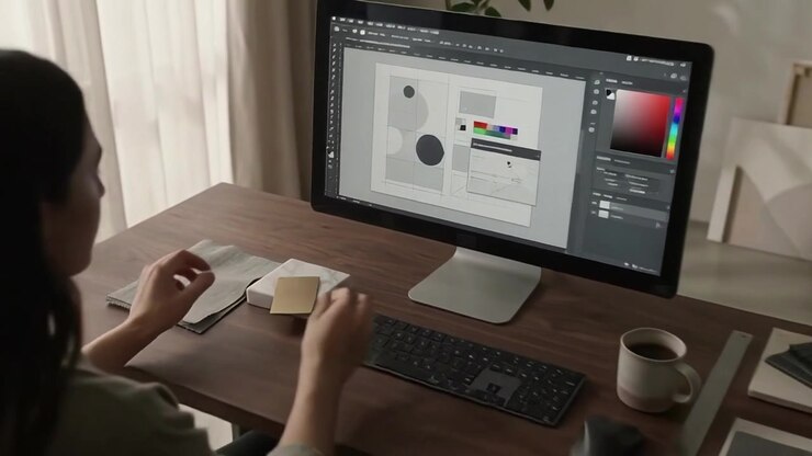 Grafisk designer arbejder med materialeprøver ved skrivebord
