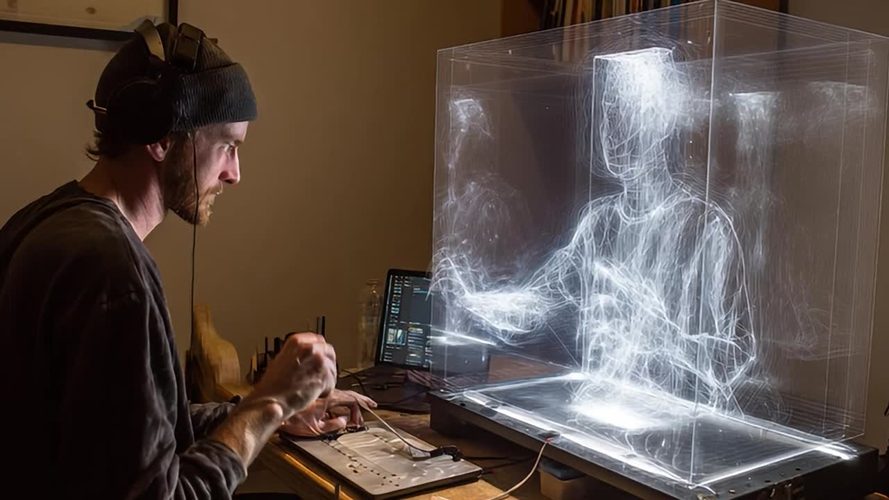 L'artista crea immagini olografiche nello spazio di lavoro contemporaneo