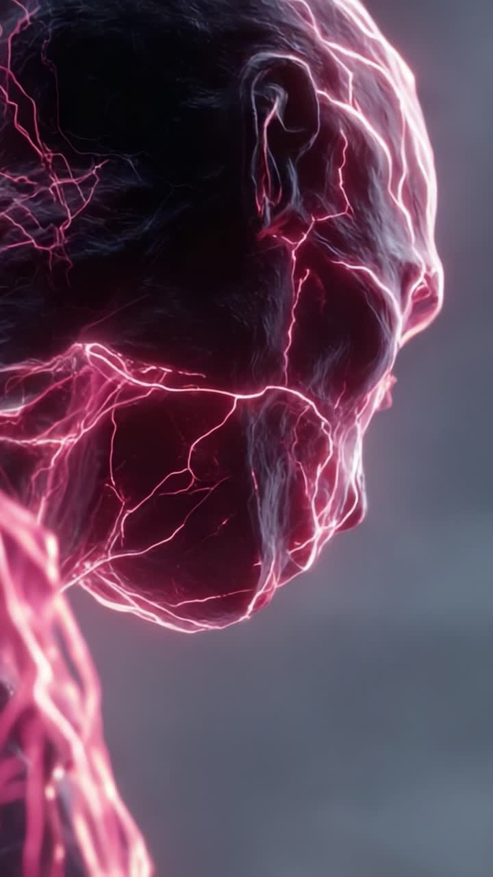 En detaljert utforskning av en futuristisk karakter med elektrisk energi som pulserer gjennom dens trekk, viser intrikate teksturer og slående visuelle effekter.