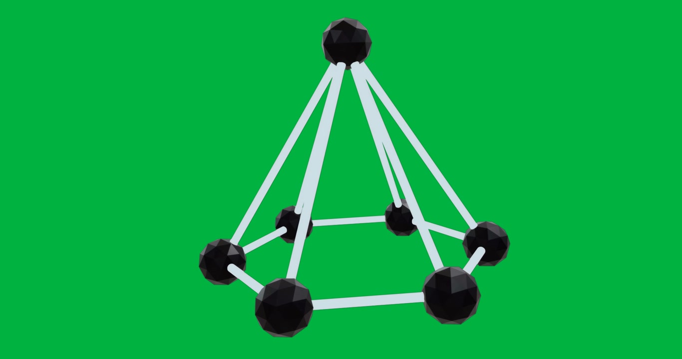 Tech showing rotating pyramid in void, glowing rods linking spheres on transparent backdrop