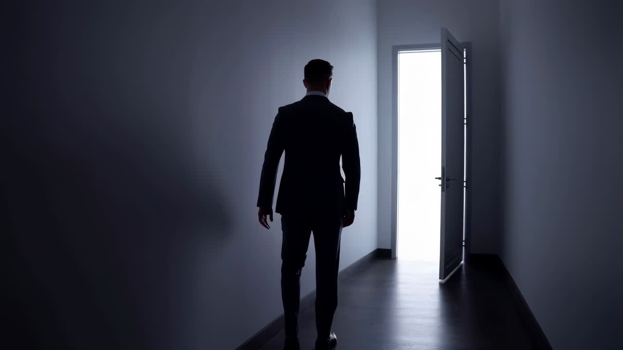 Silhouette of a Businessman Walking Towards a Bright Open Door at the End of a Dark Hallway