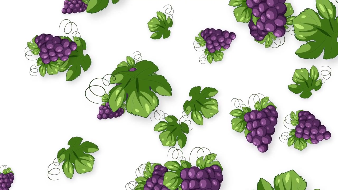 Grappoli d'uva viola in stile cartone animato e foglie verdi cadono verticalmente su uno sfondo bianco pulito