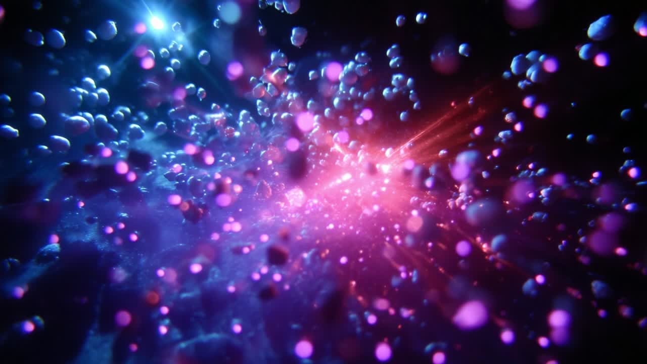 A mesmerizing exploration of vibrant cosmic particles swirling through an ethereal space, illuminated by radiant beams of light and rich hues of purple, blue, and pink, creating an enchanting visual spectacle