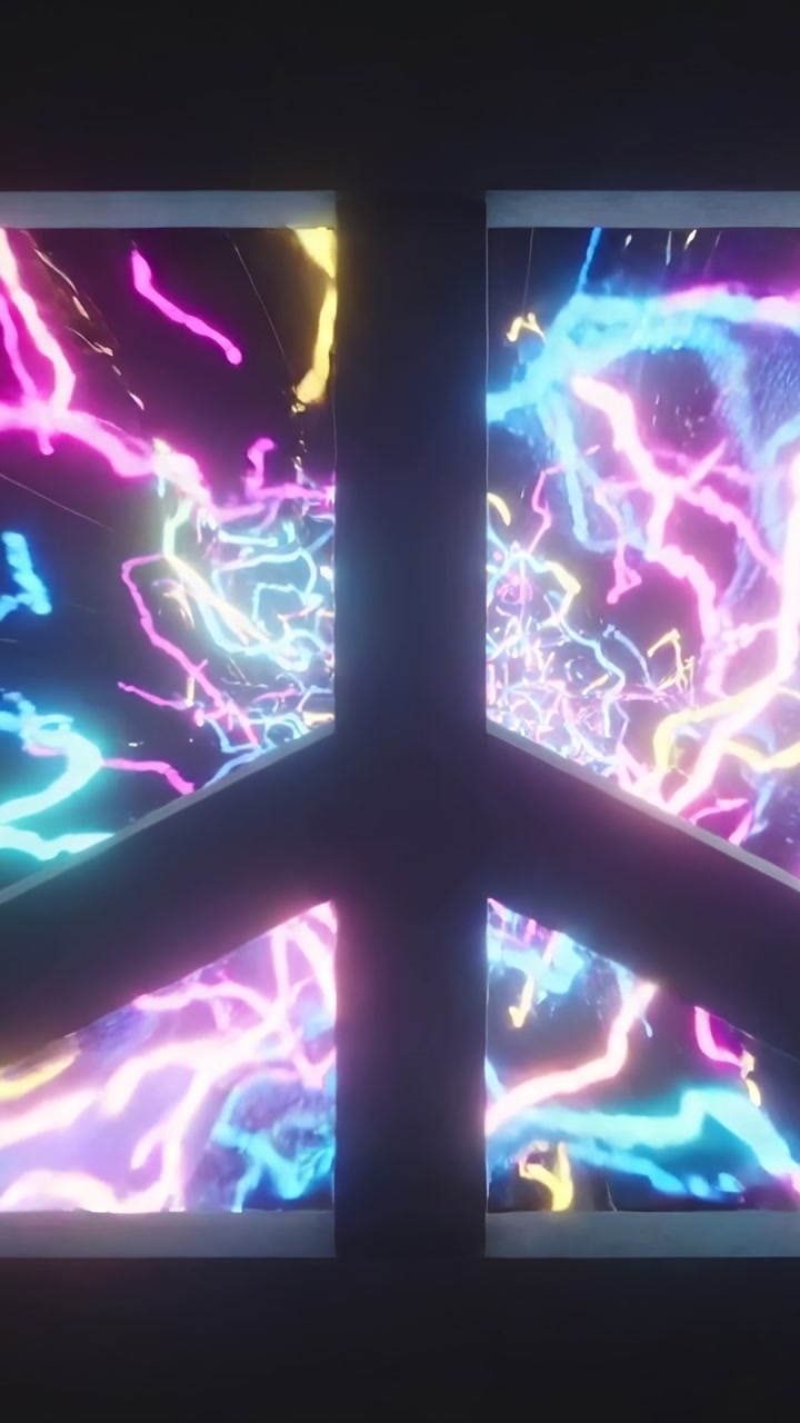 Vertical video: On start, LED panels pulsing inward creating tunnel in darkness with 3-arm beam