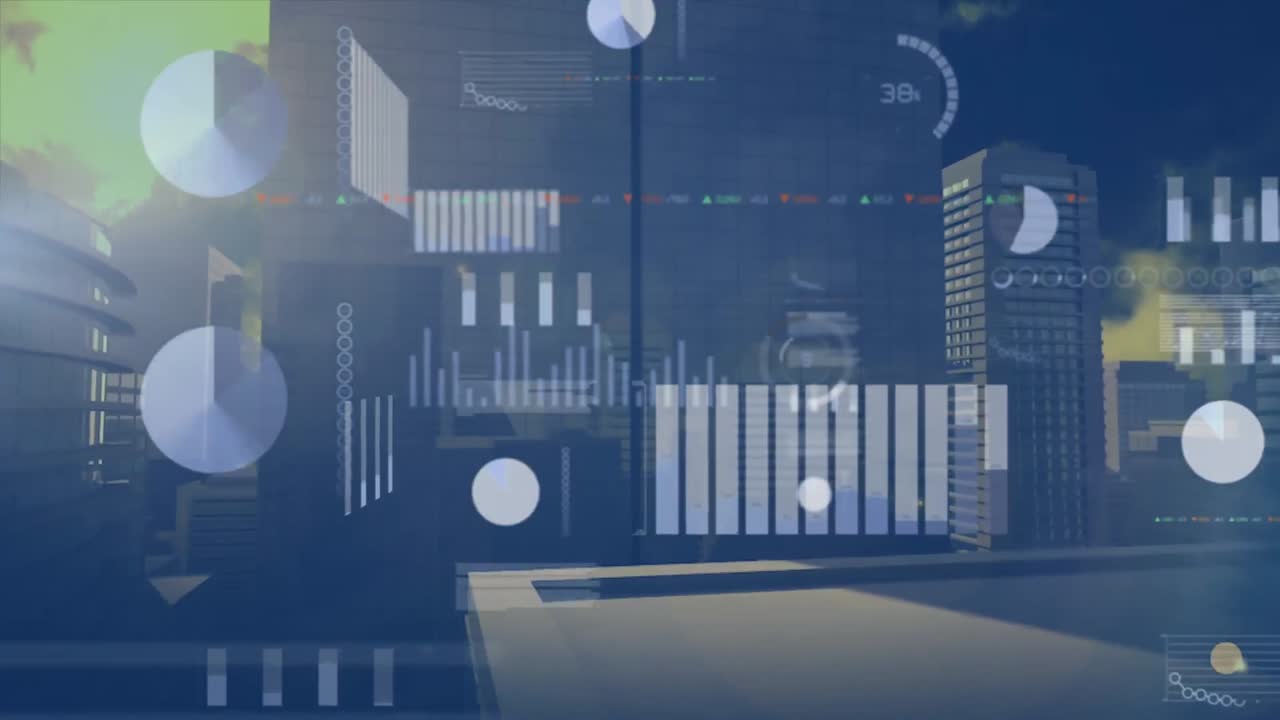 Animation of data processing over cityscape