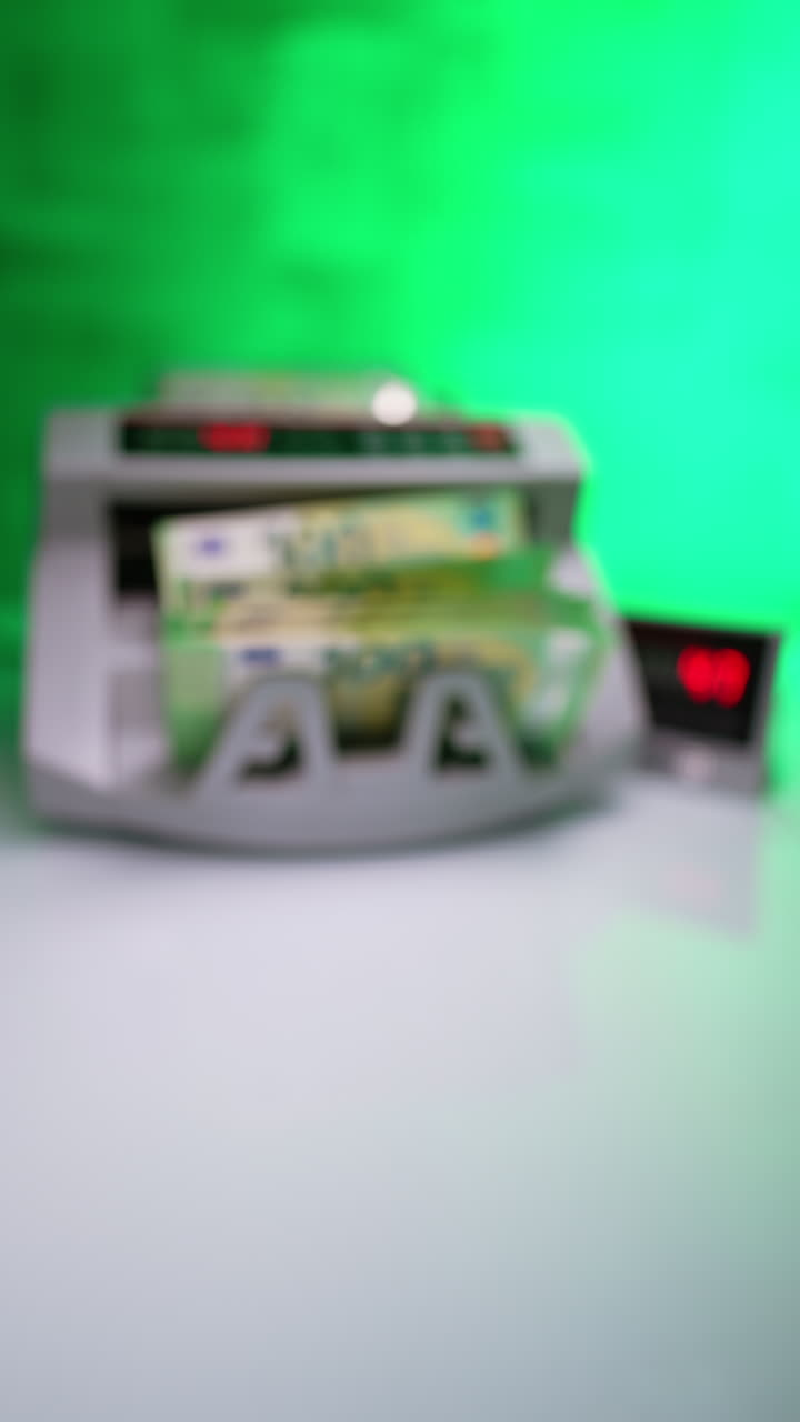 Green hundred-euro stack calculated in cash counting machine. Male hand puts money pile to the foreground. Blurred backdrop. Vertical video.