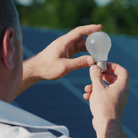 un hombre mira una bombilla eléctrica contra el fondo de los paneles de la planta de energía solar