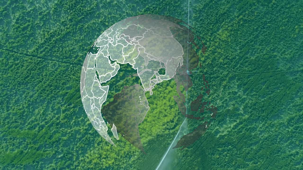 Wireframe globe fading over canopy, rotating slowly, revealing continents aligning with bright line