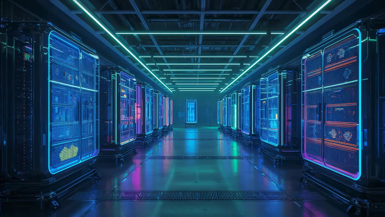 Gliding camera traversing central aisle in data hub after dolly push, showing neon server cabinets