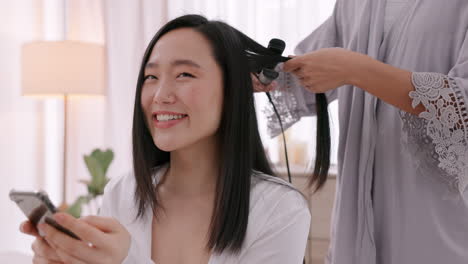 salon, phone and hair with a woman