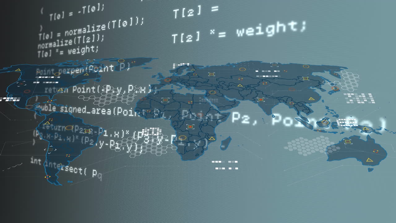 회색 배경에 있는 세계 지도 위의 데이터 처리의 애니메이션