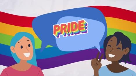 animación del texto del orgullo del arco iris y dos mujeres sobre el fondo del arco iris.