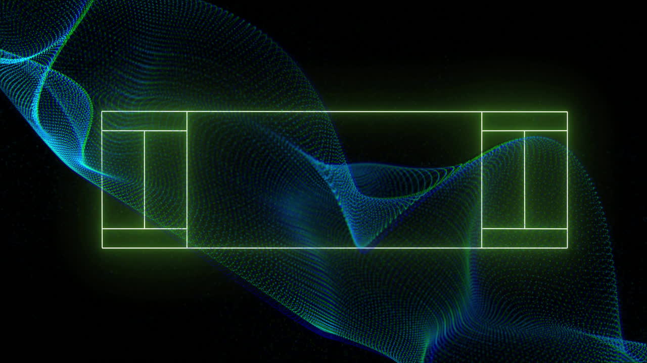 Animation of neon green rectangles over swirling blue waves on black background