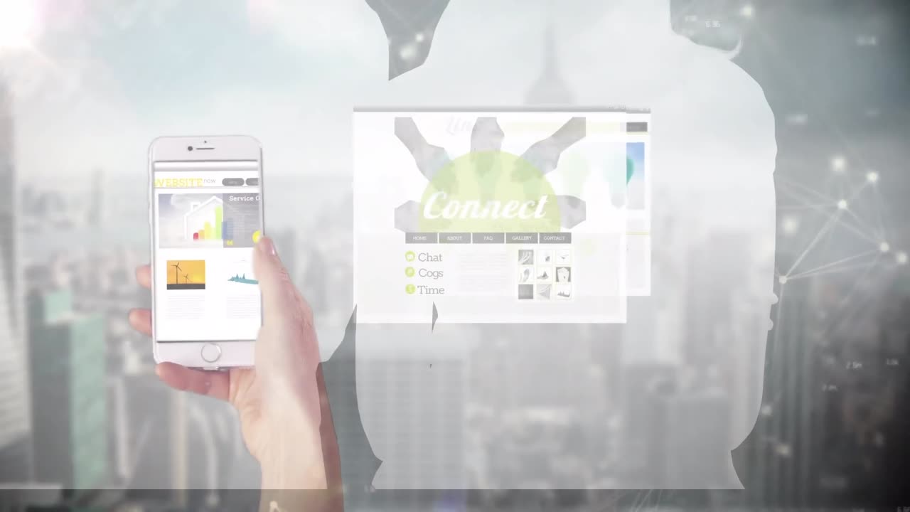 Animation of cropped hand scrolling through application and floating shapes over abstract background