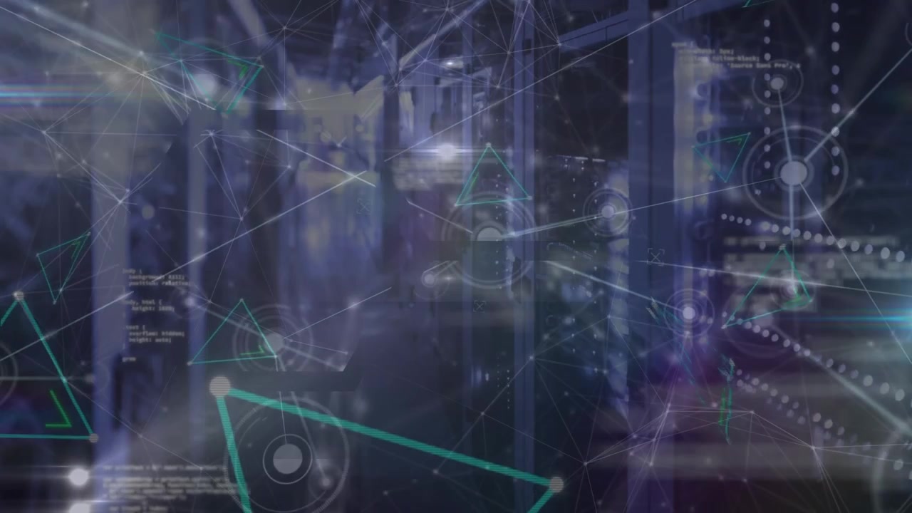 Animation of network of connections and data processing over purple background