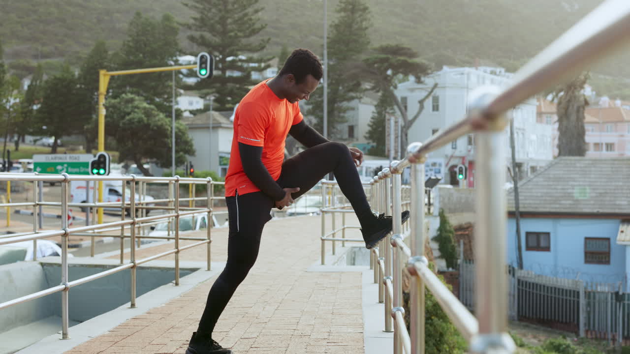 Black man, stretching legs and running in city