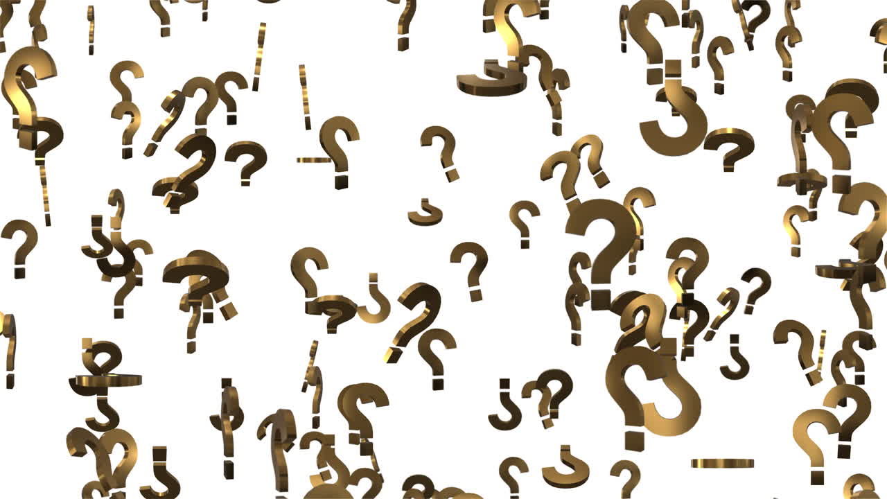 Punti interrogativi dorati che cadono su schermo bianco e verde.