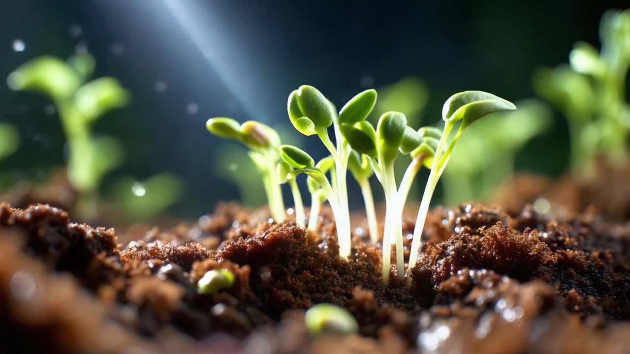 Piantine vibranti che crescono in terreno fertile con goccioline d'acqua sotto luce soffusa, che mostrano la bellezza della nuova vita e del processo di ringiovanimento della natura